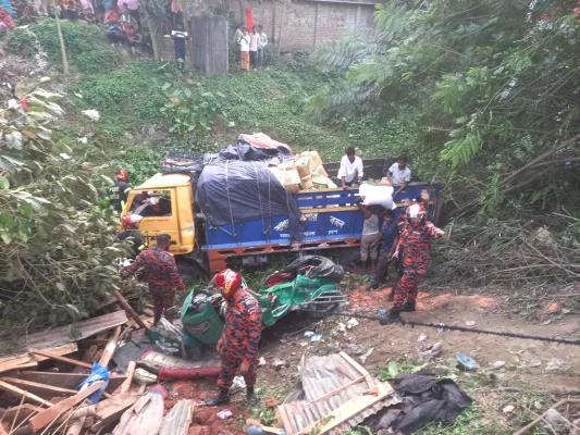 খাদে পড়ে থাকা দুমড়ে মুচড়ে যাওয়া অটোরিকশা