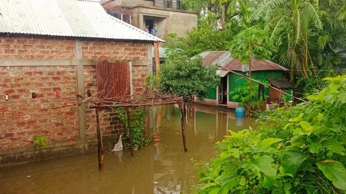 গোয়াইনঘাটের অনেক বাড়ি-ঘরেই পানি ঢুকে পড়েছে। ছবি: আজকের পত্রিকা